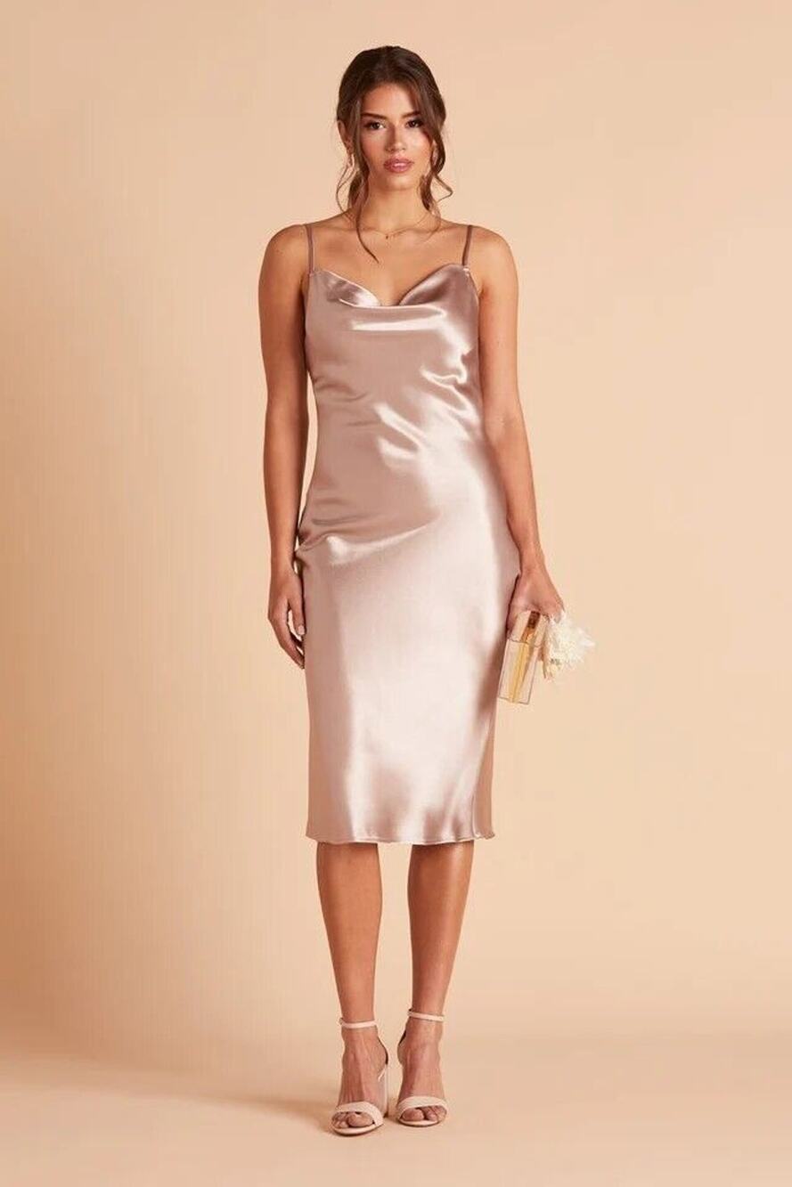1366NWT Birdy Grey Lisa Shiny Satin Midi Bridesmaid Dress Taupe Size Extra Small